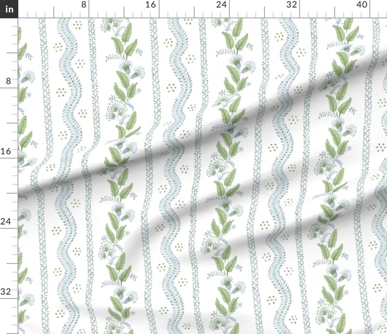 Regency Floral Folk Art Light Blue Leaves Flower Vine Traditional Watercolor Custom Printed Fabric by Spoonflower Various Fabrics by the Yard or Fat Quarter